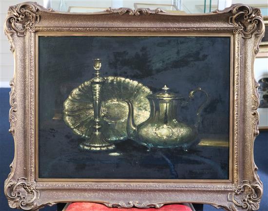 Henry John Dykman (1893-1972) Still life of silverware on a sideboard 18 x 24in.